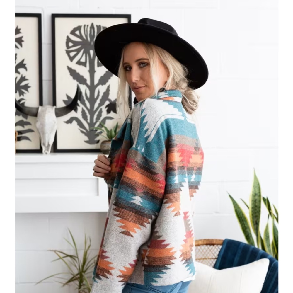 Gray and Blue Cardigan Sweater with Southwestern Pattern